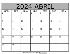 Abril De 2024 Calendario Imprimível