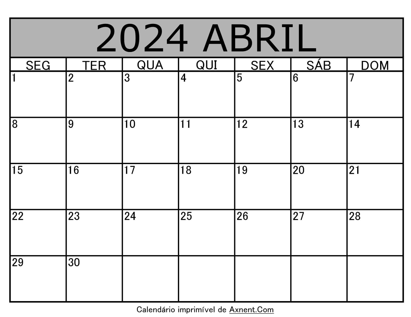 Calendário para impressão de abril de 2024