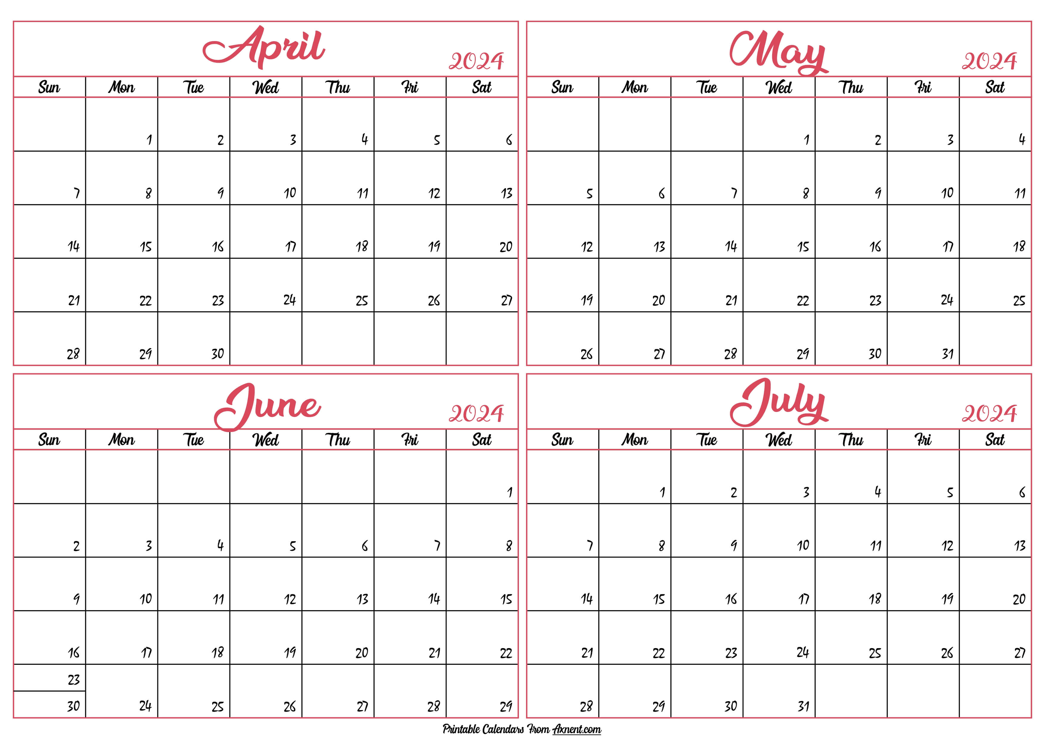 April to July Calendar 2024