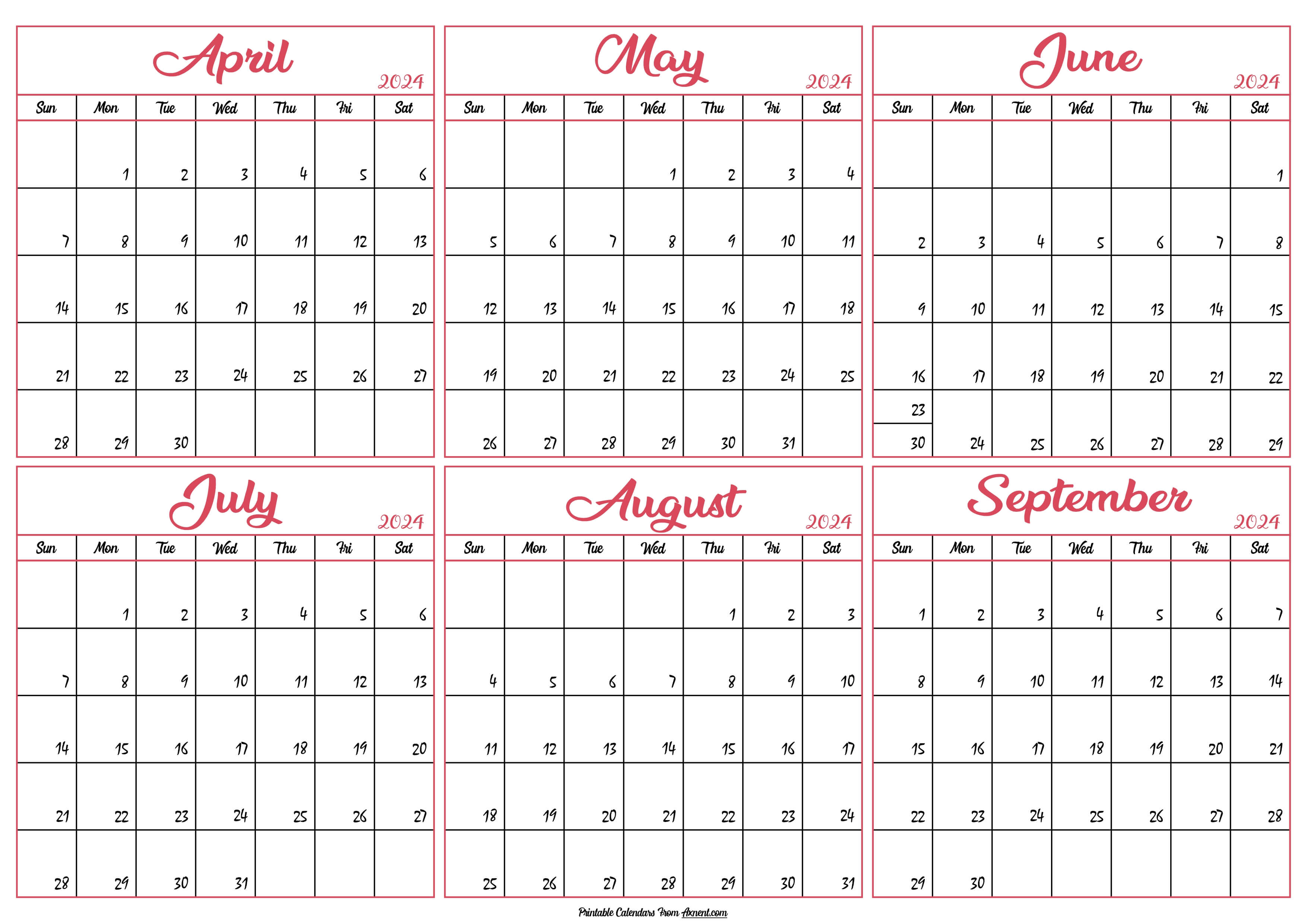 April to September Calendar 2024