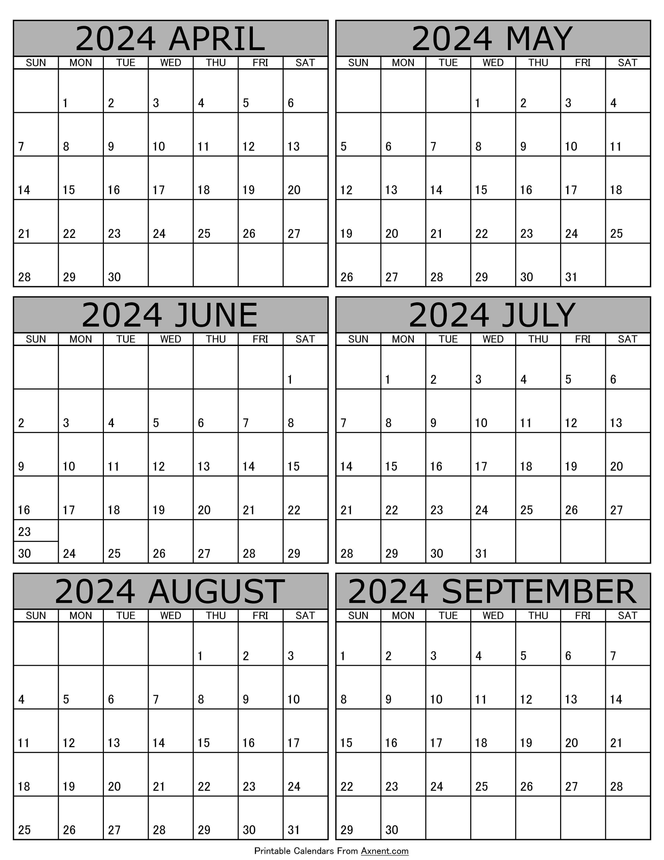 Calendar 2024 April to September
