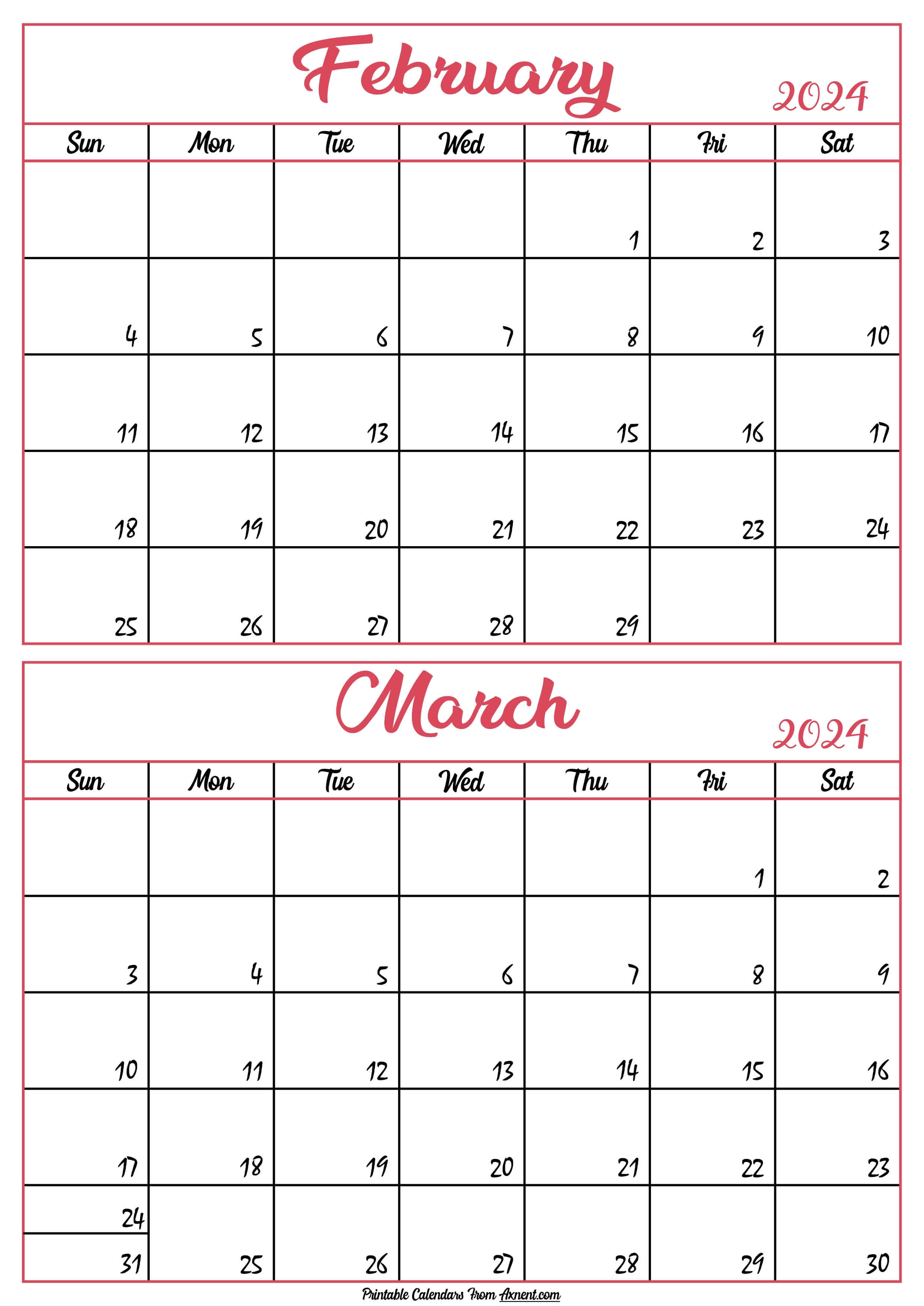 Calendar 2024 February March