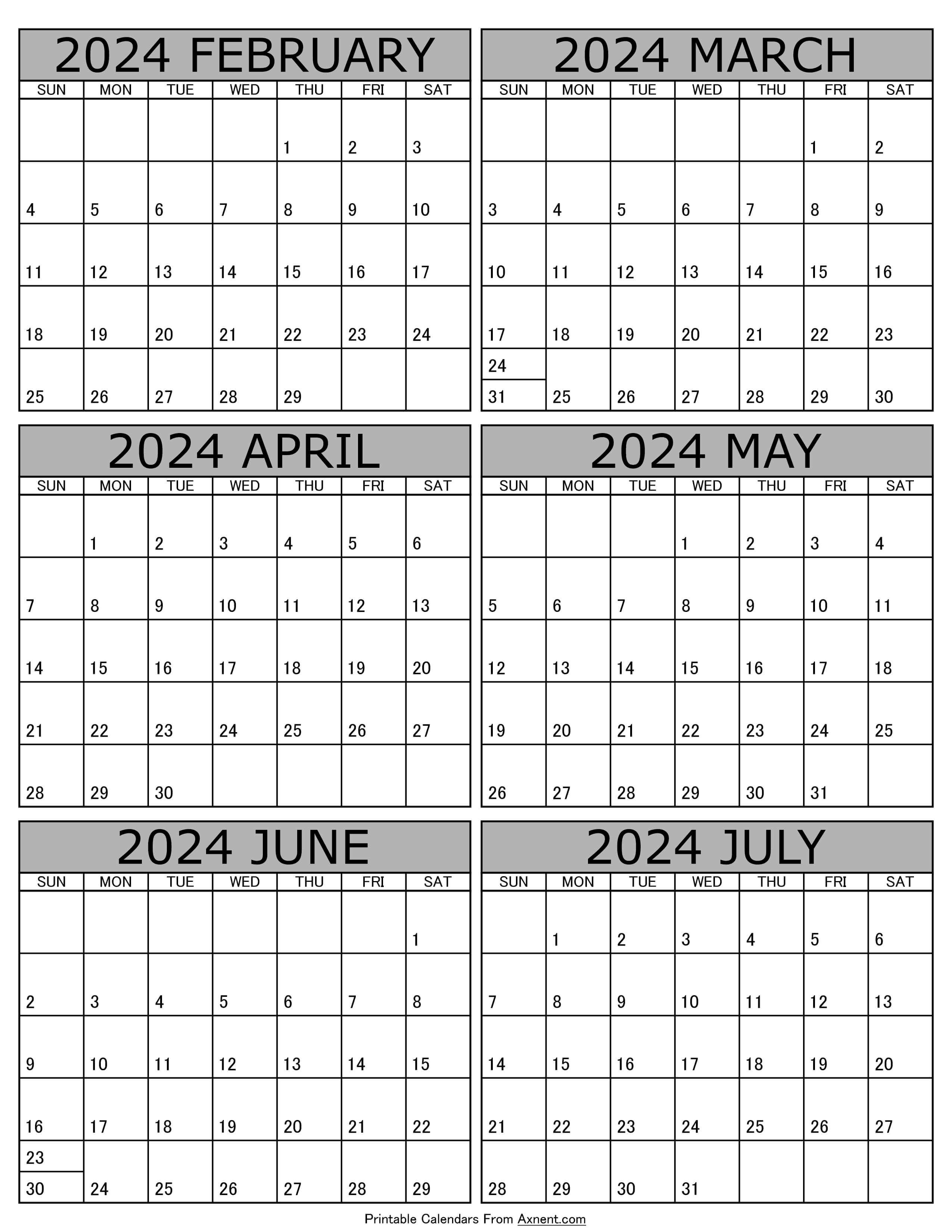Calendar 2024 February to July