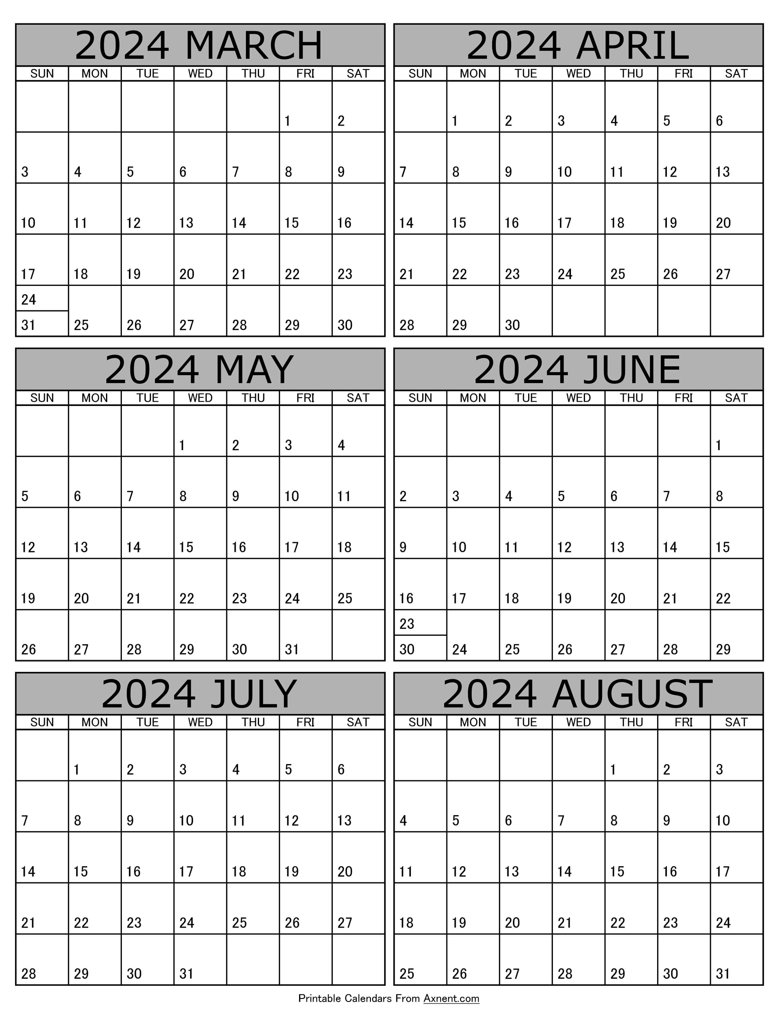 Calendar 2024 March to August