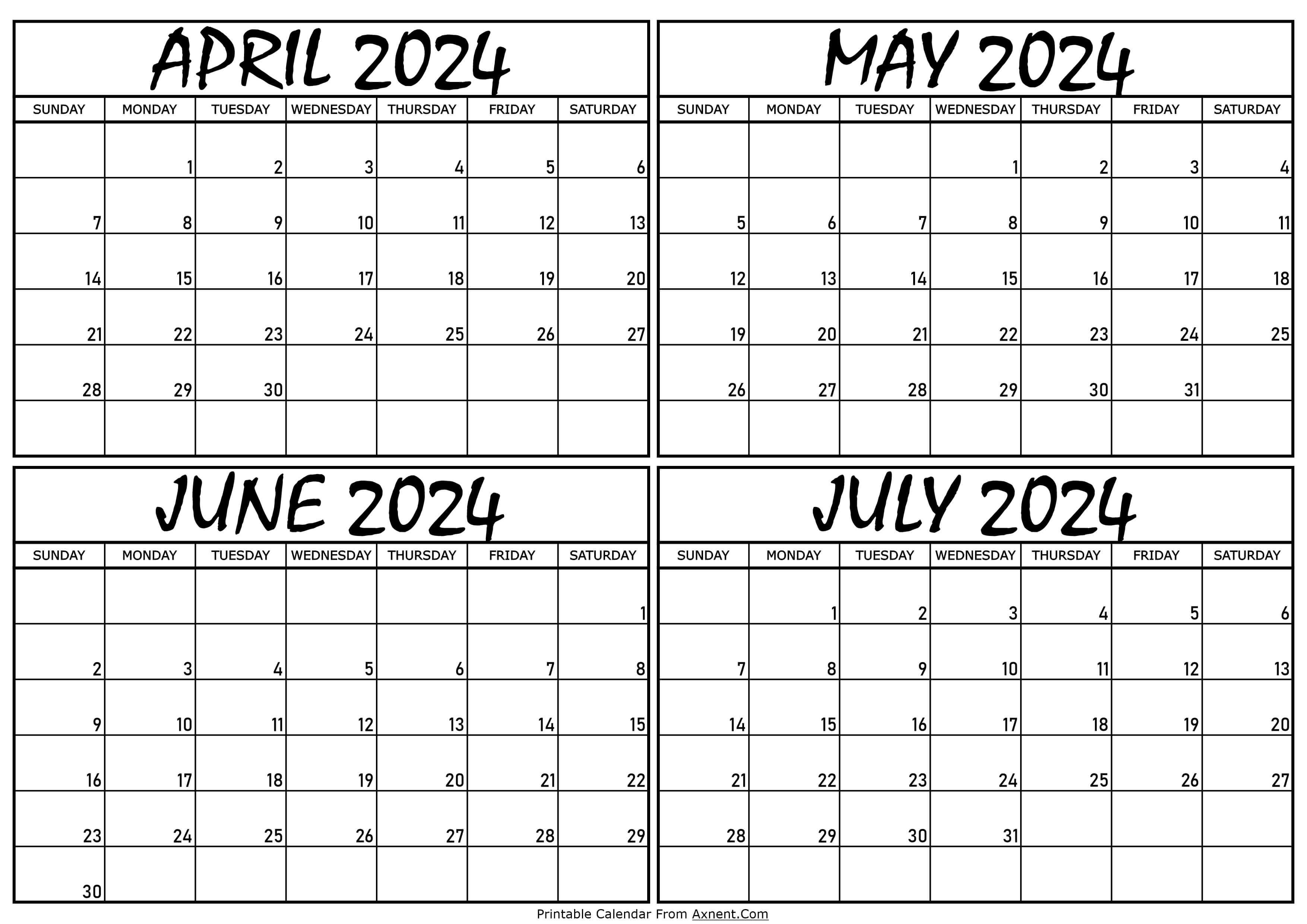Calendar April to July 2024