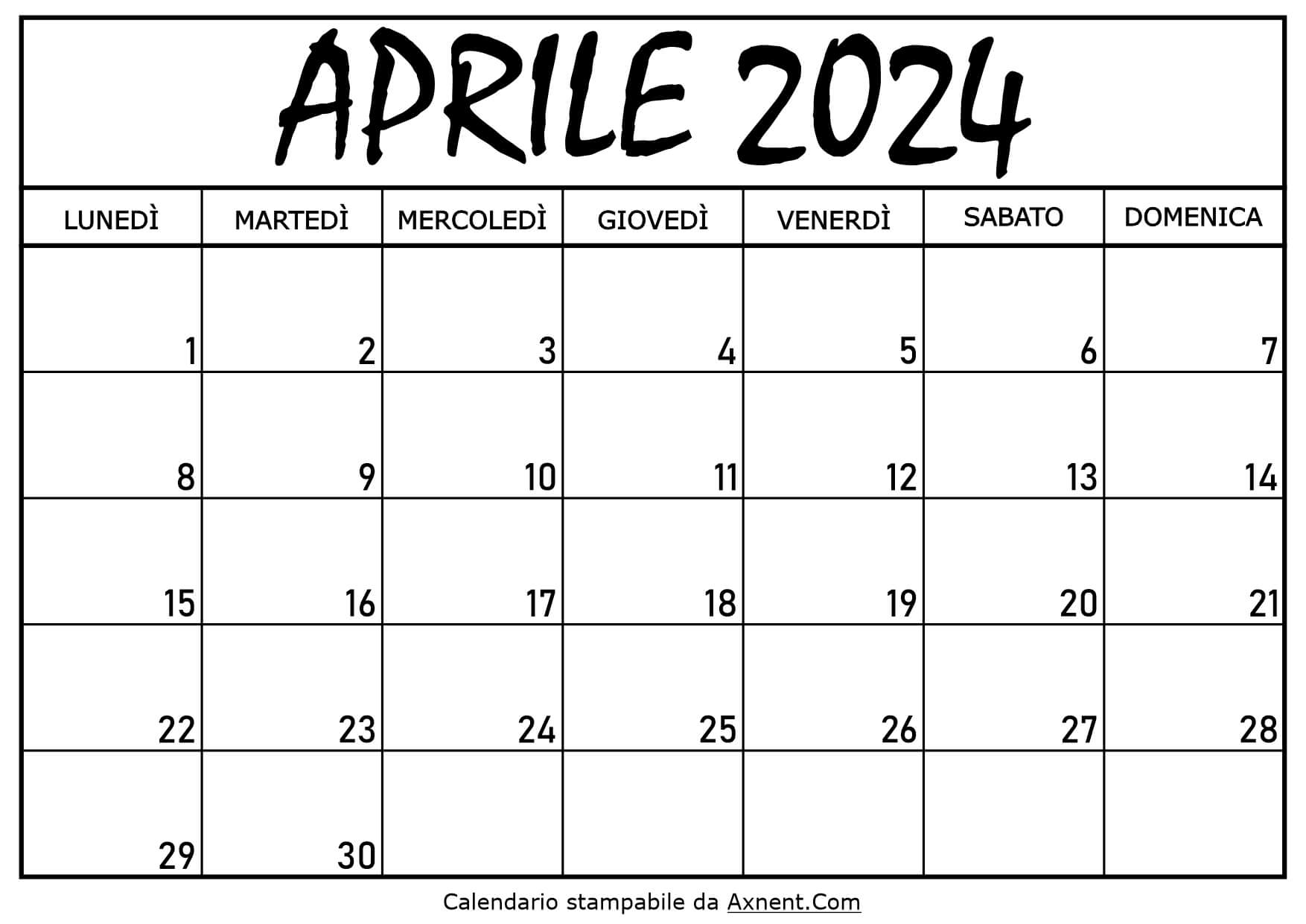 Calendario Aprile 2024 da Stampare