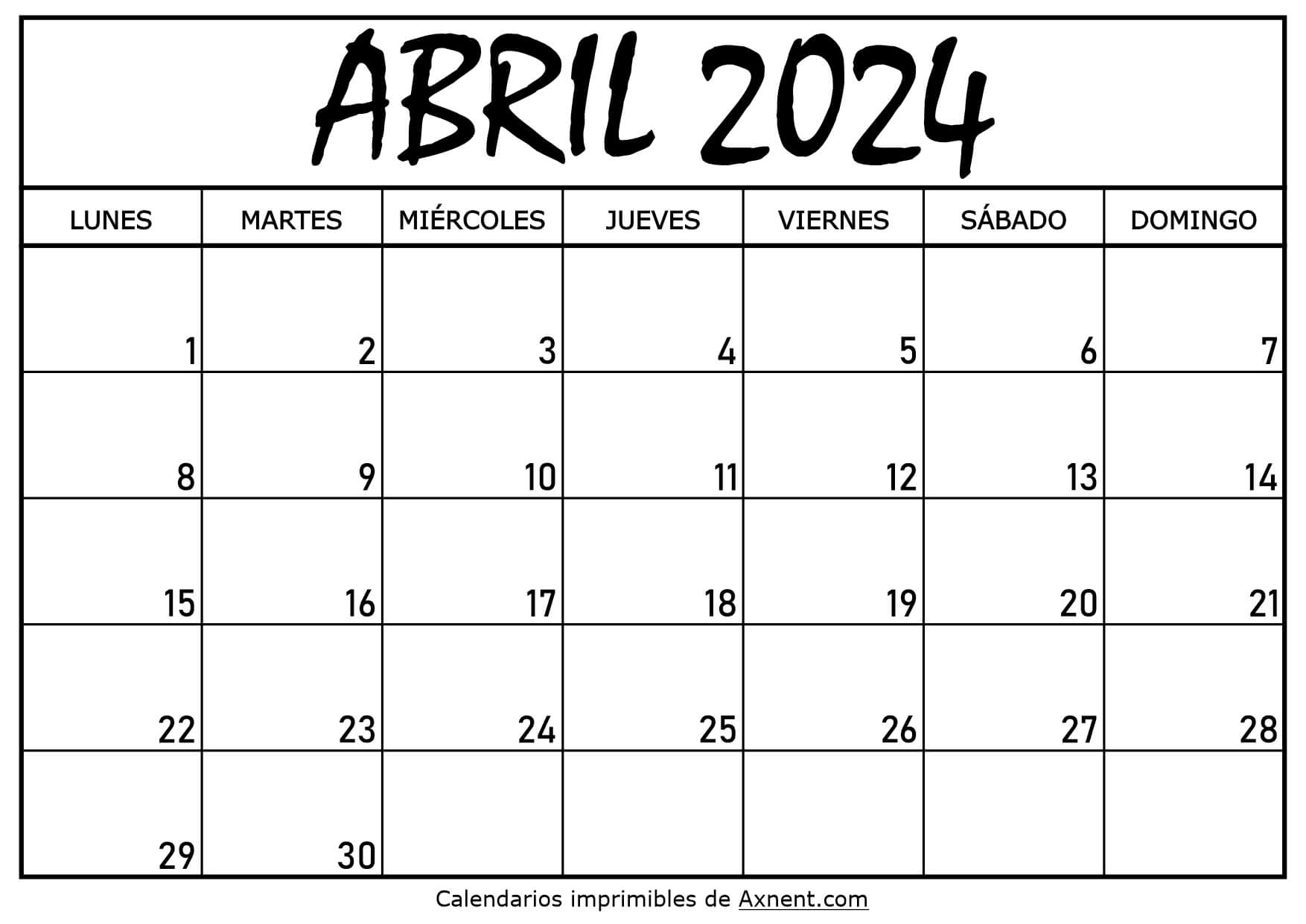 Calendario De Abril 2024 Para Imprimir