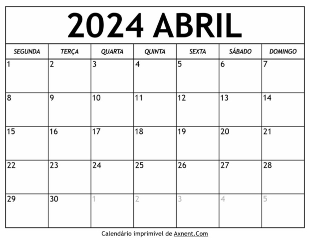 Calendário De Abril De 2024