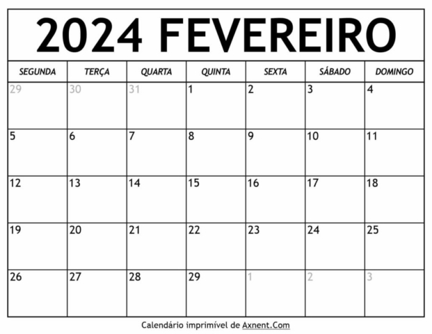 Calendário De Fevereiro De 2024