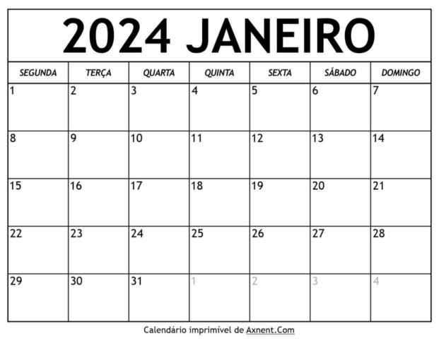 Calendário De Janeiro De 2024