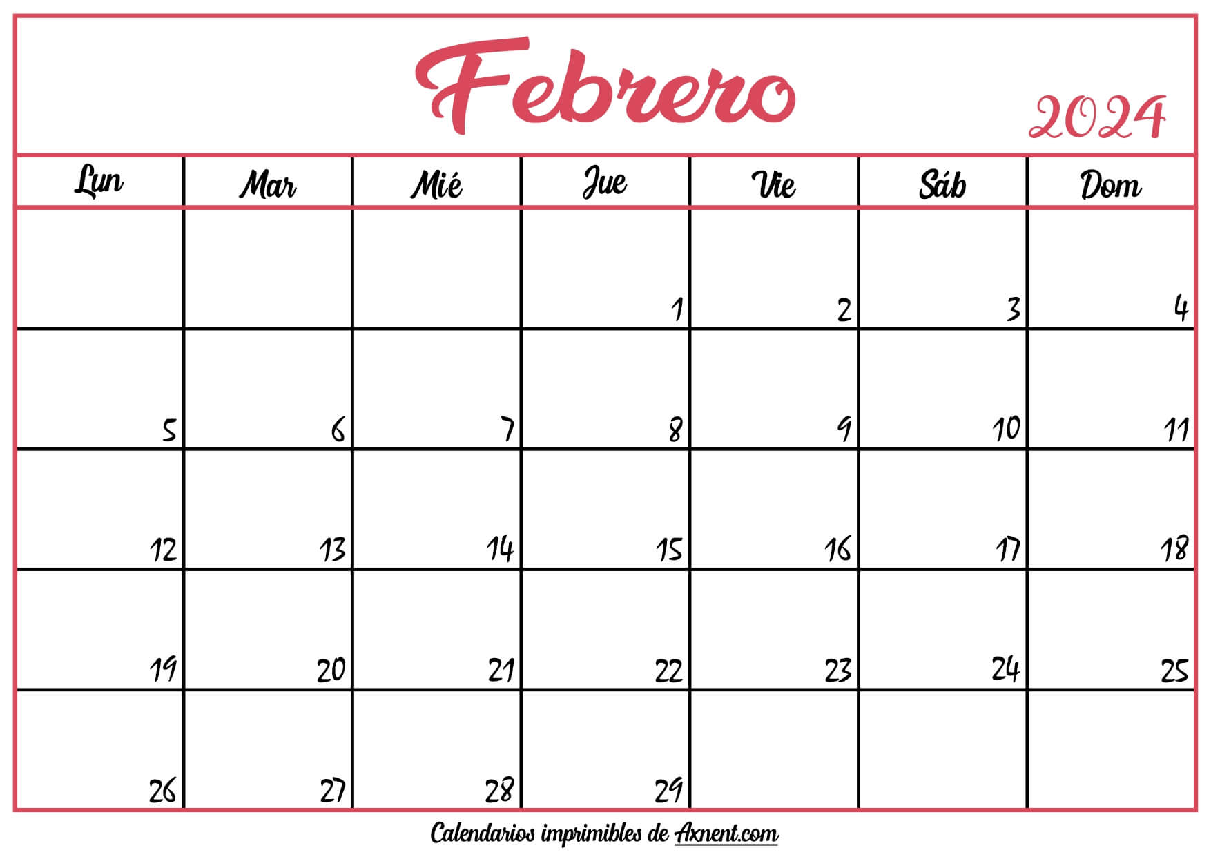 Calendario En Blanco Febrero 2024