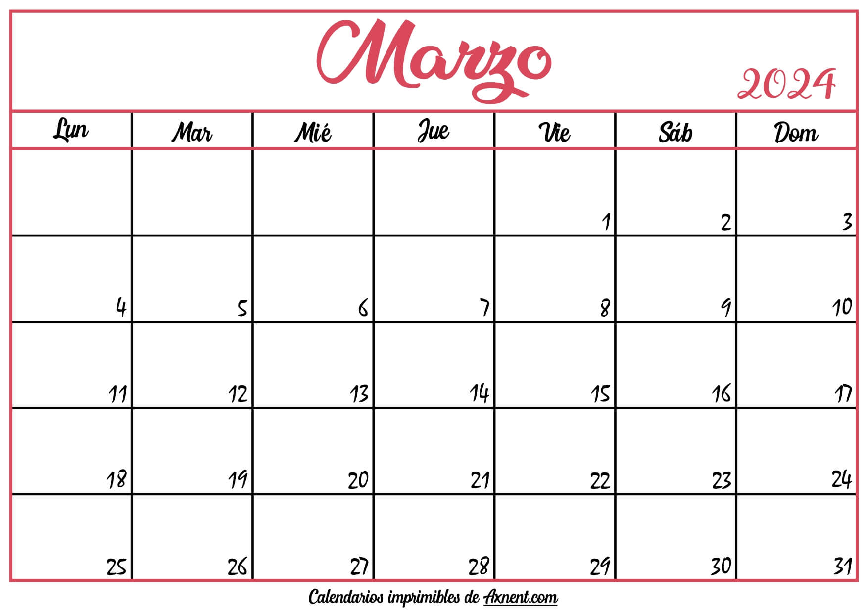 Almanaque Marzo 2024 Plantilla imprimible de calendario de marzo de 2024 - Time Management Tools  By Axnent