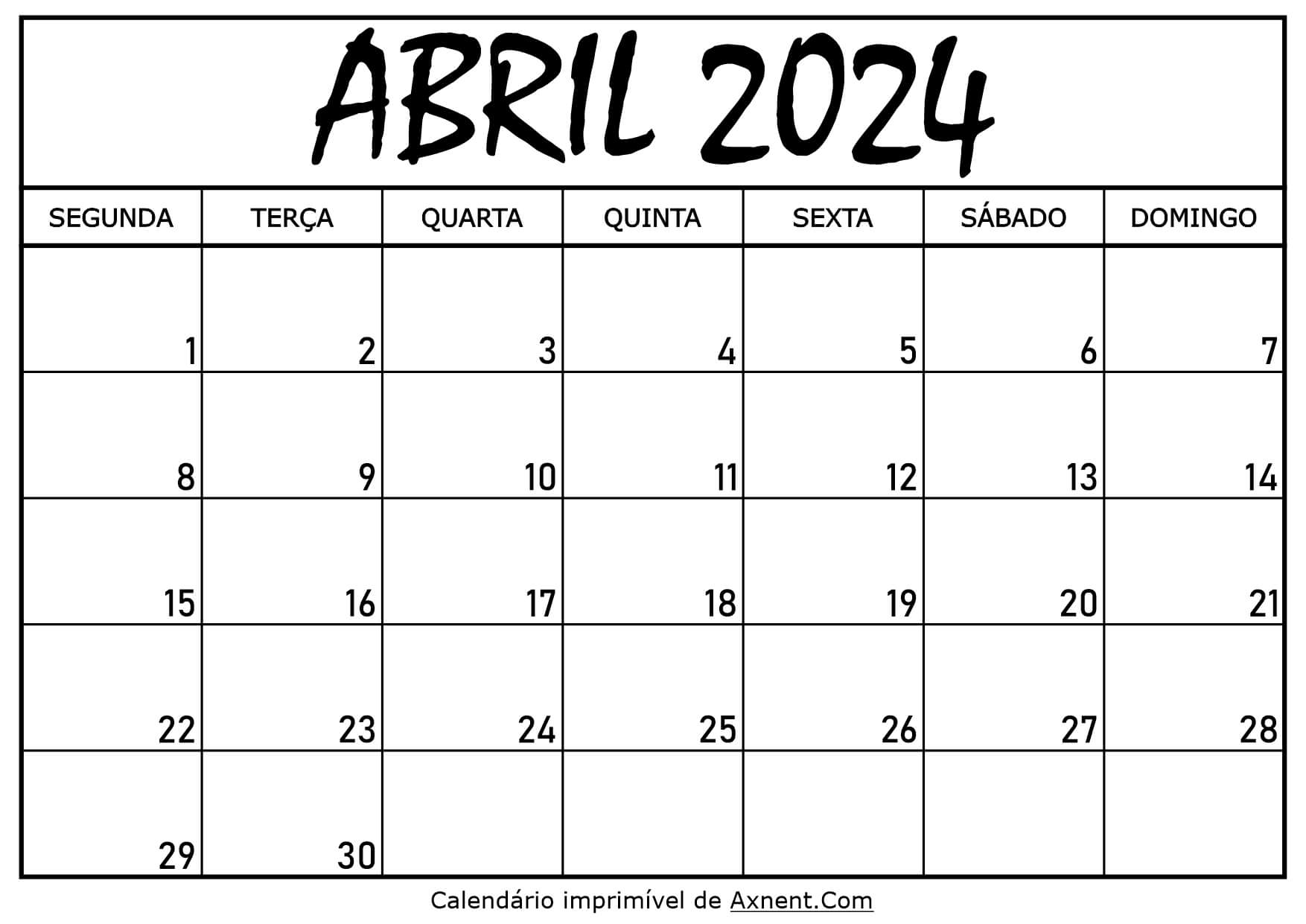 Calendário Mensal Abril 2024