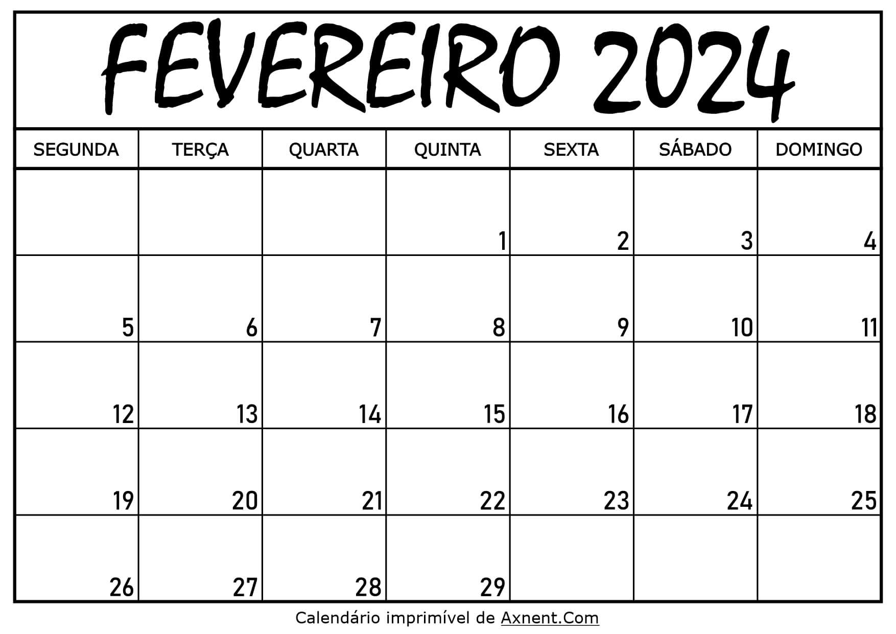 Calendário Mensal Fevereiro 2024