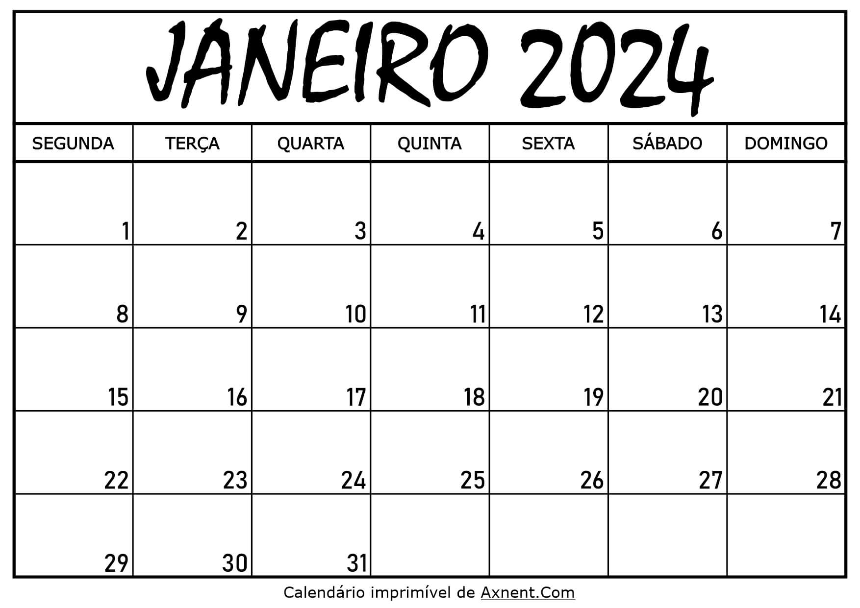 Calendário Mensal Janeiro 2024