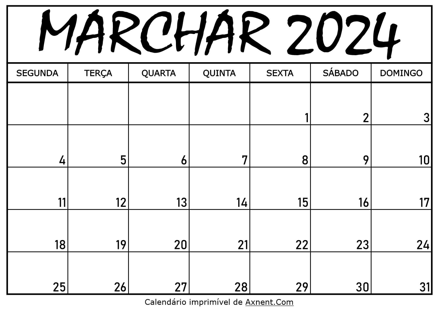 Calendário Mensal Marchar 2024