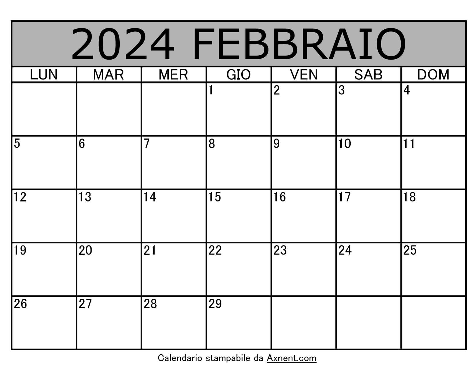 Calendario Mensile di Febbraio 2024