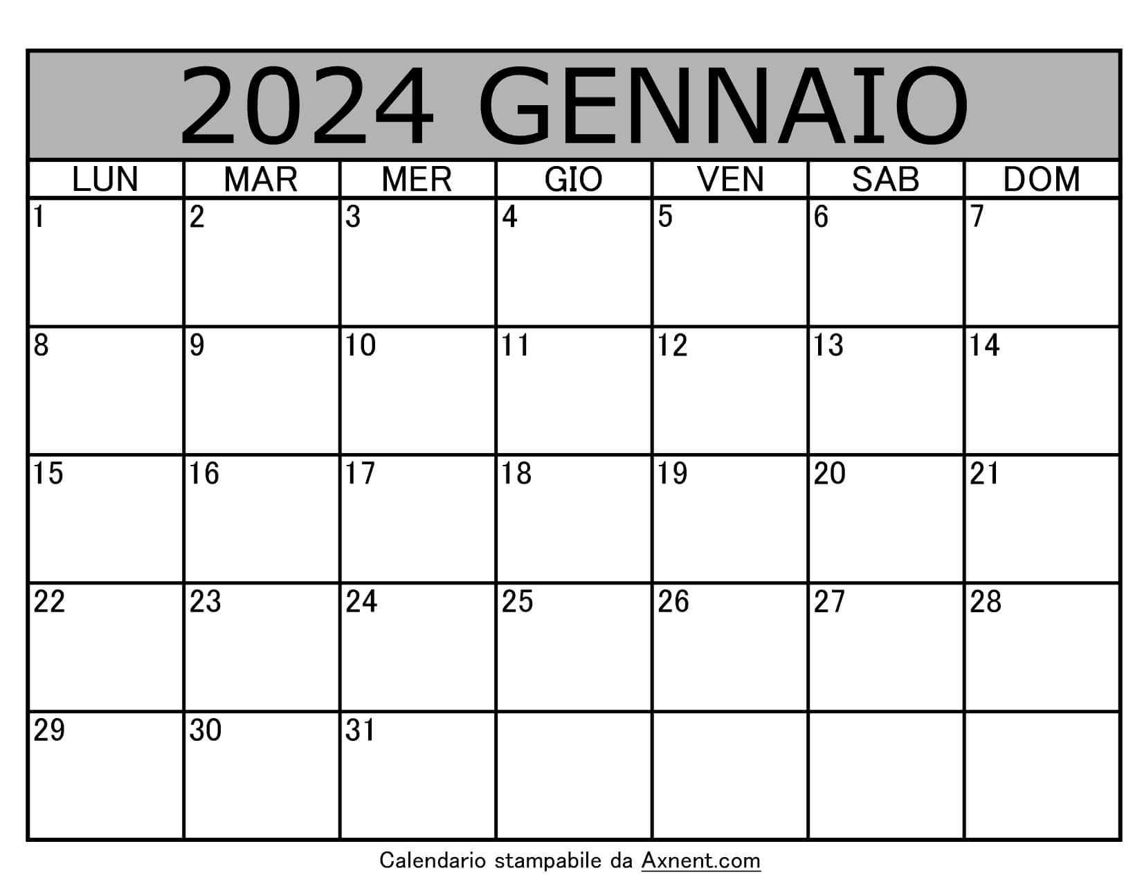 Calendario Mensile di Gennaio 2024