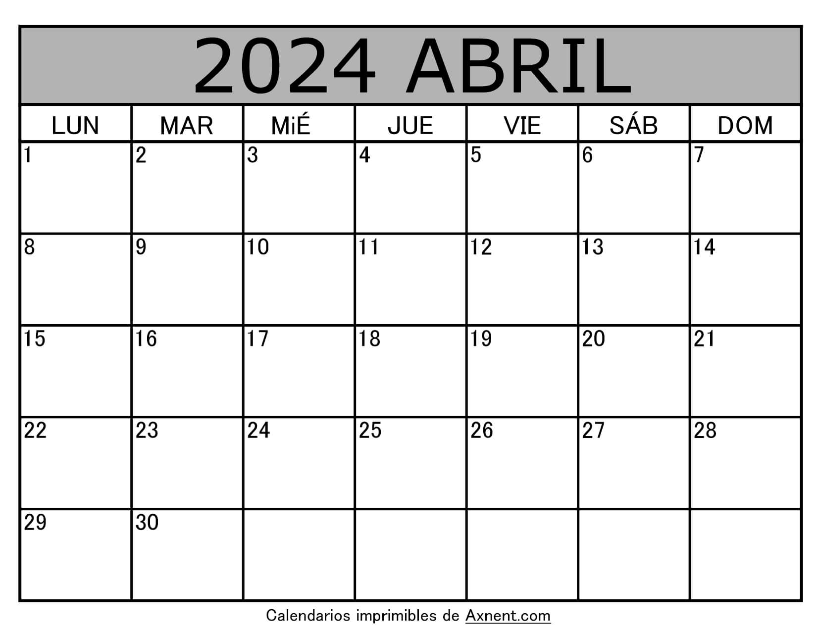 Calendario Mes Abril 2024 Para Imprimir