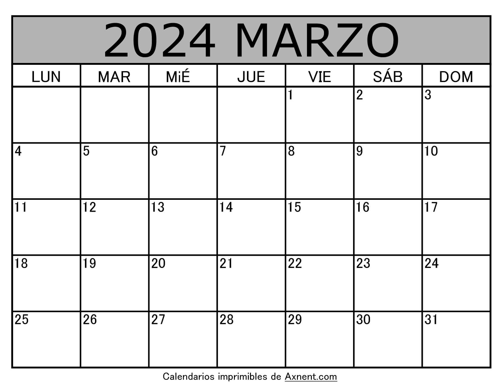 Mes De Marzo Calendario Plantilla imprimible de calendario de marzo de 2024 - Time Management Tools  By Axnent
