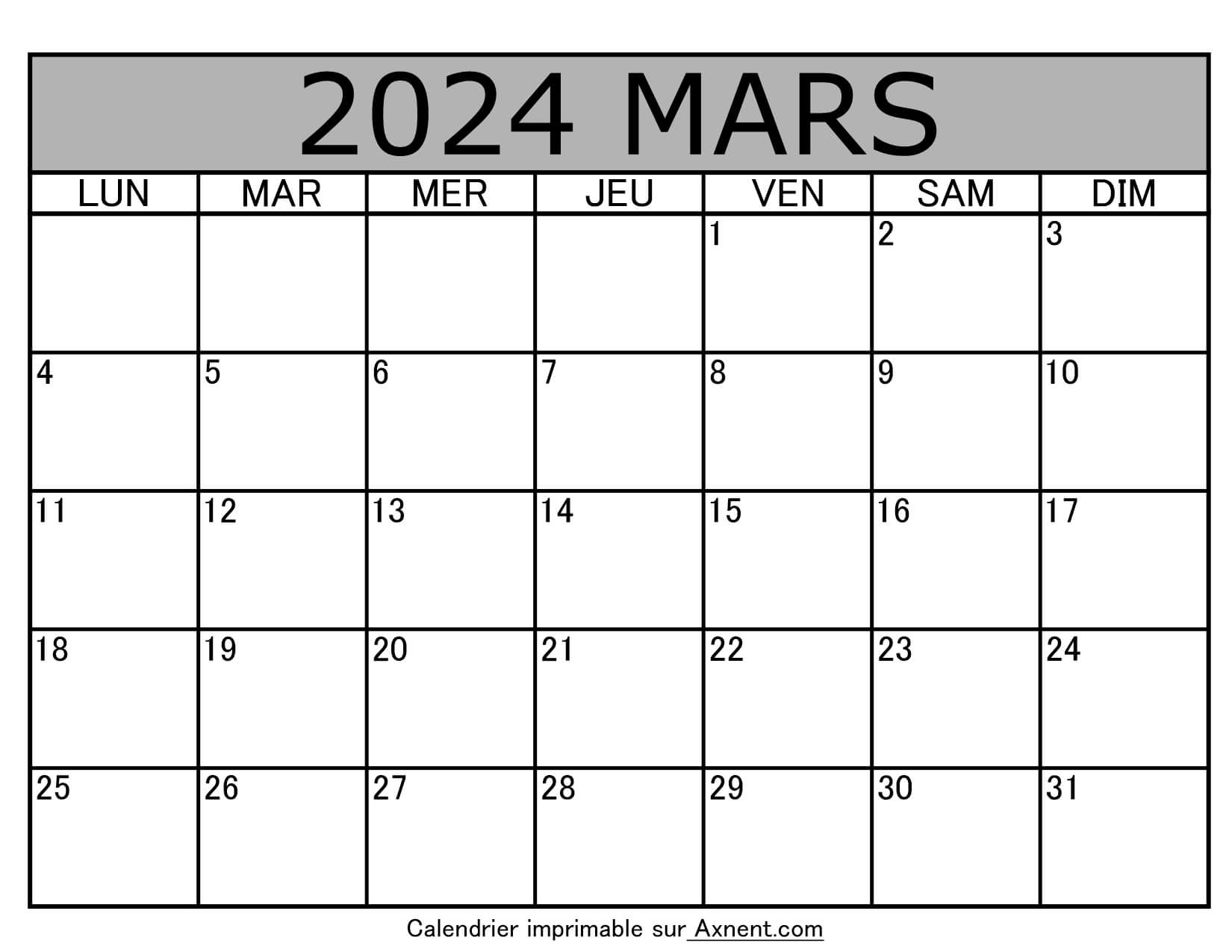 Calendrier À Imprimer Mars 2024