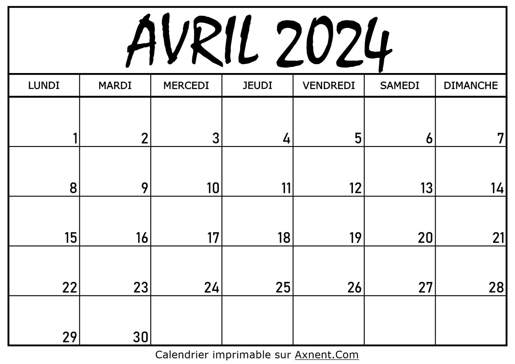Calendrier Avril 2024 À Imprimer