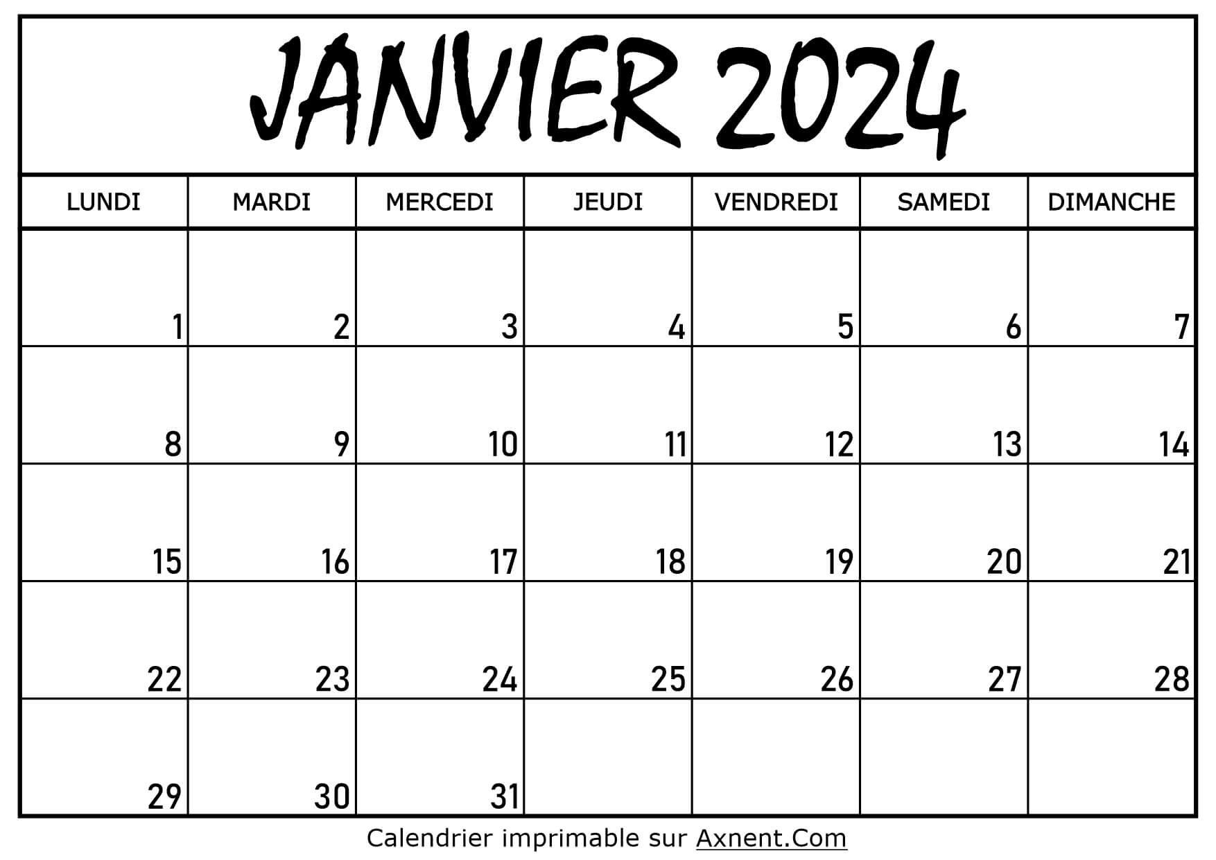 Calendrier Janvier 2024 À Imprimer