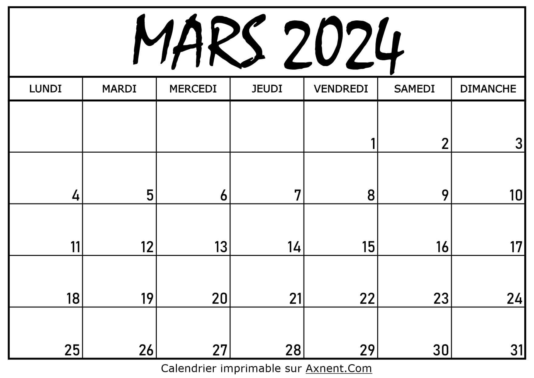 Calendrier Mars 2024 À Imprimer