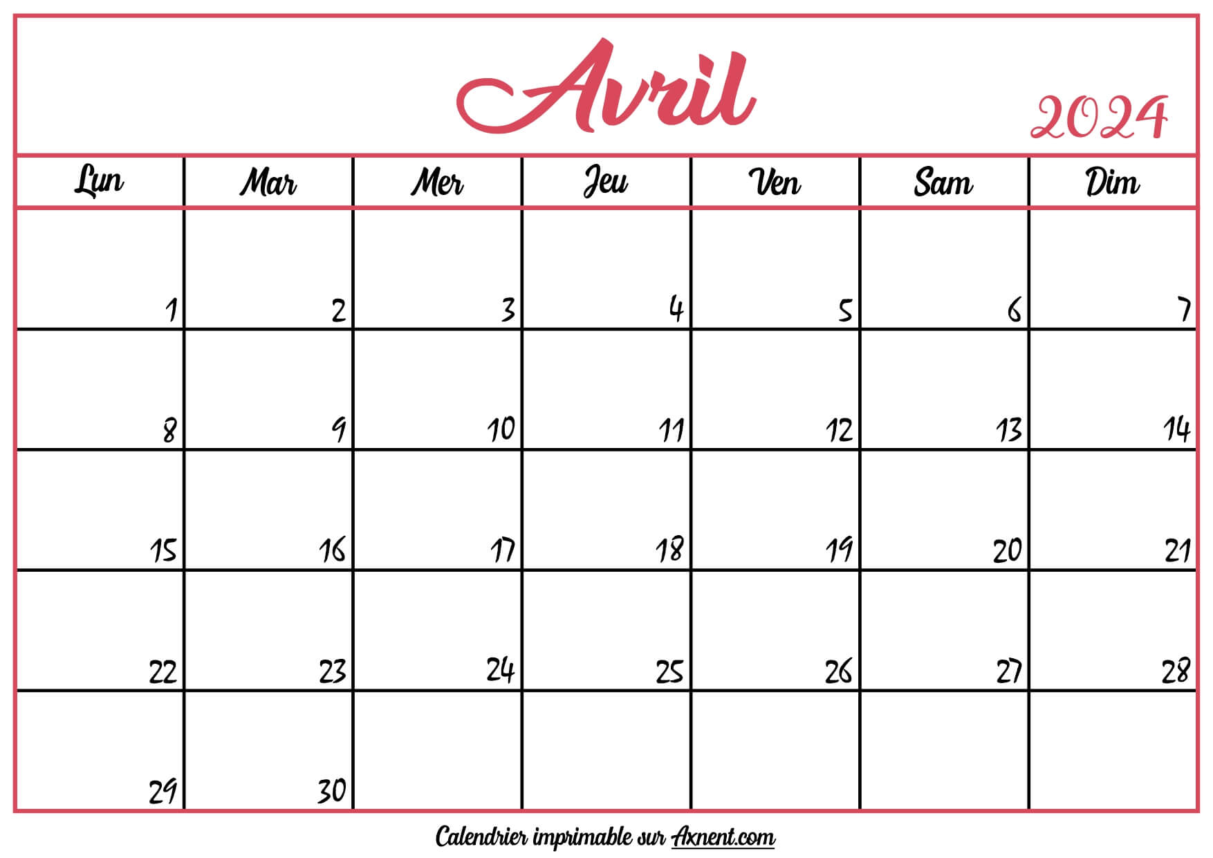 Calendrier Vierge Avril 2024