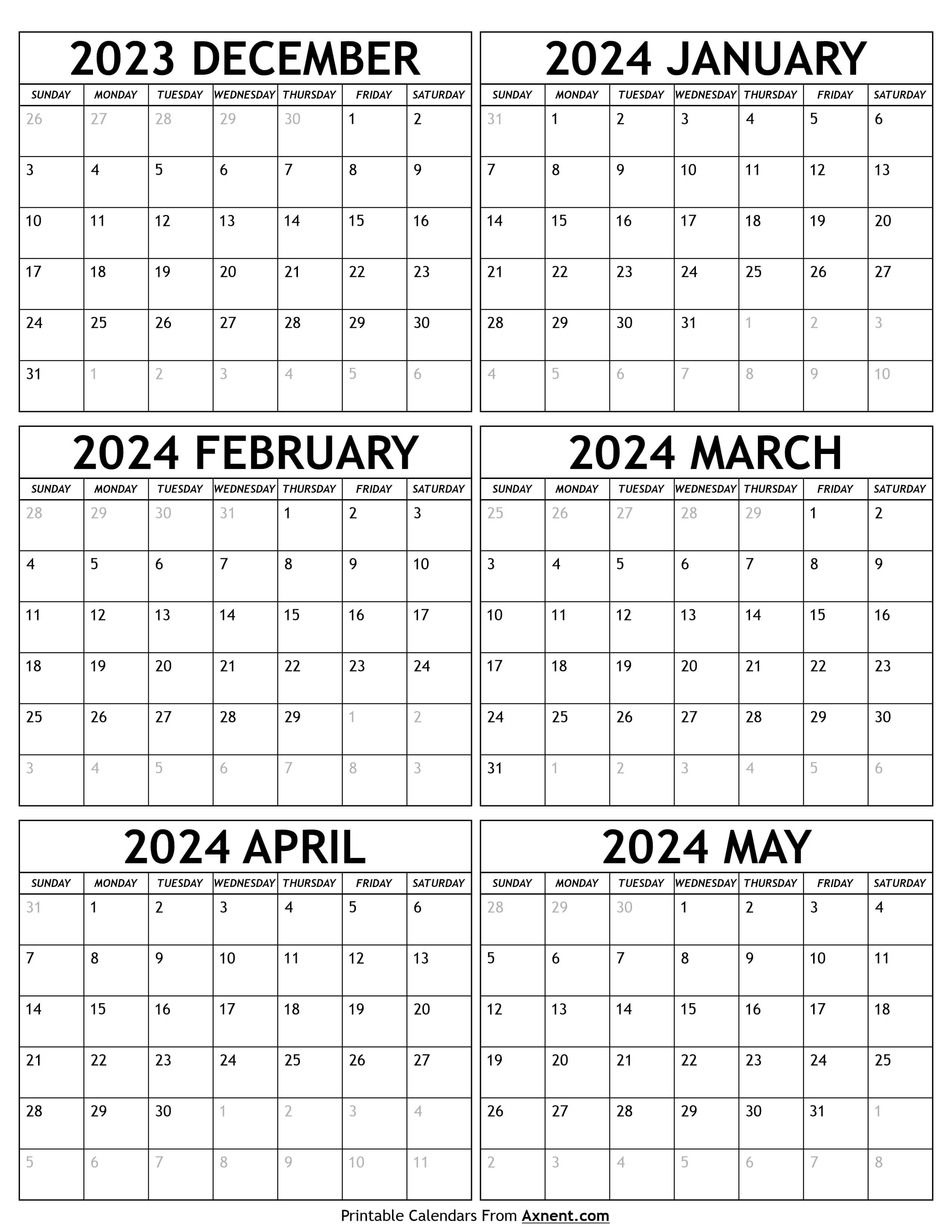 December 2023 to May 2024 Calendar