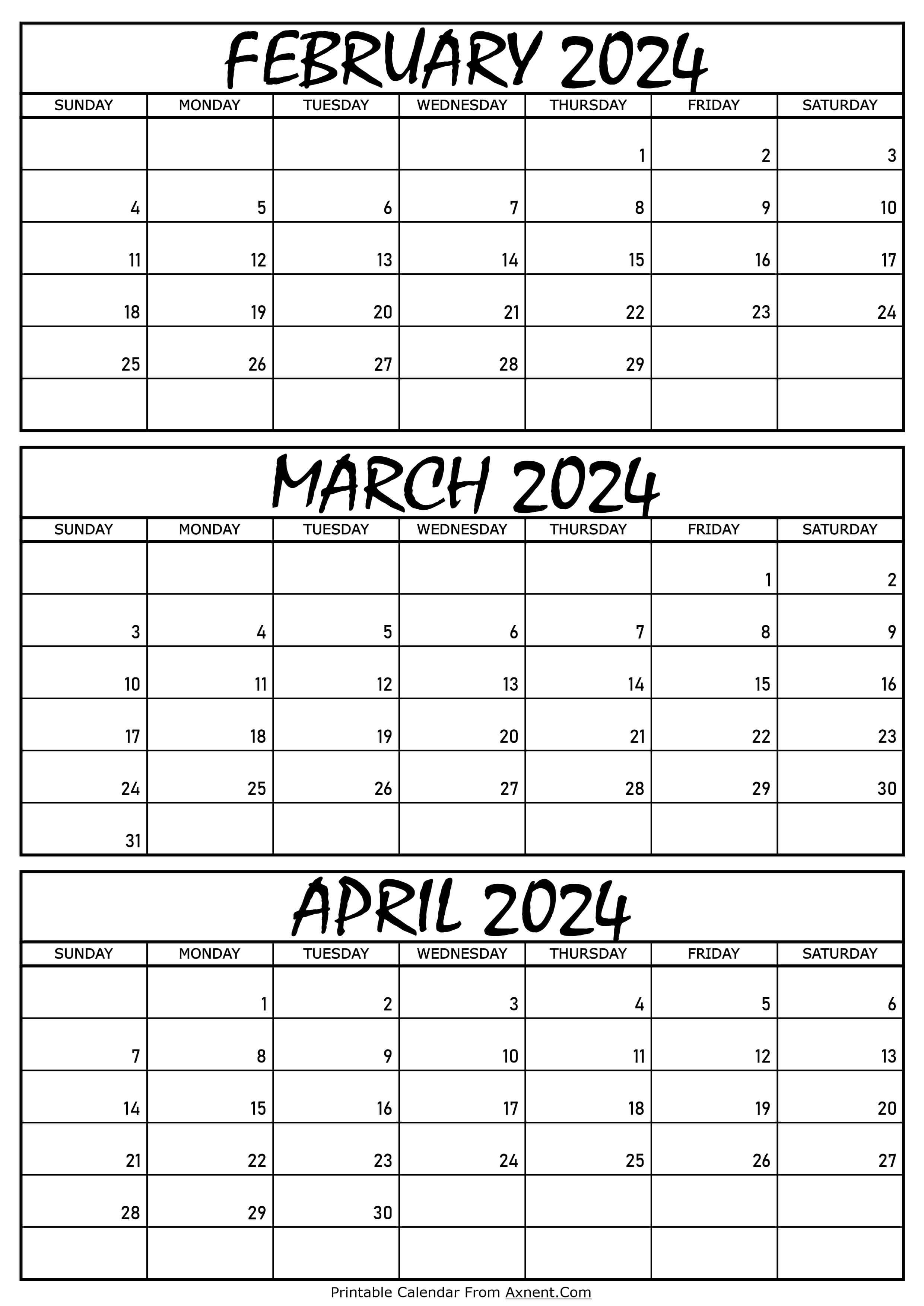 February March and April Calendar 2024
