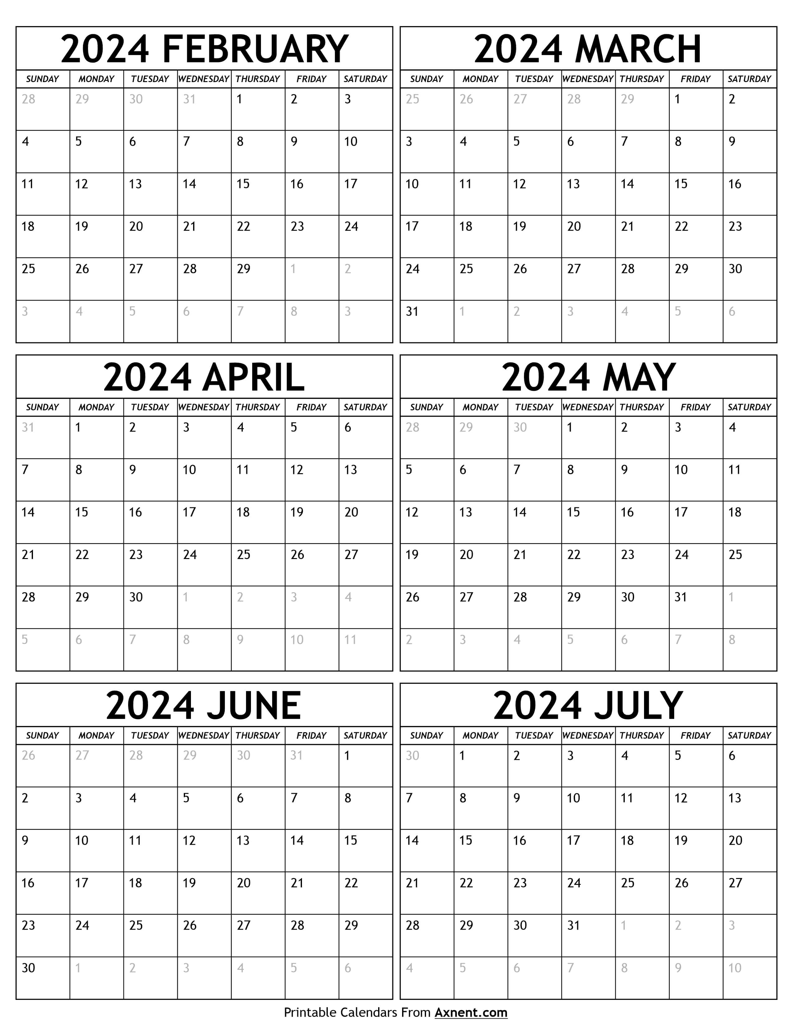 February to July 2024 Calendar