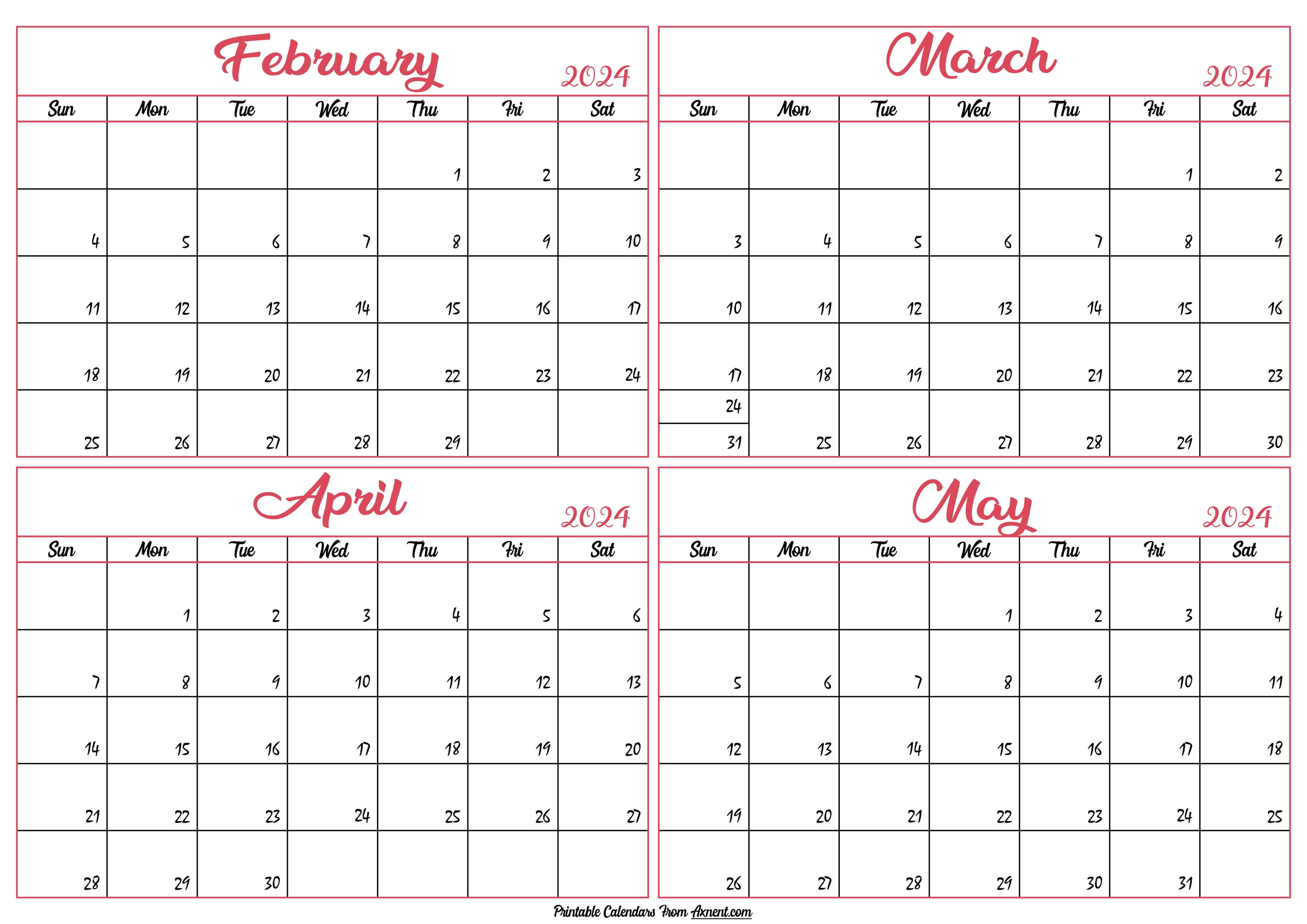 February to May Calendar 2024
