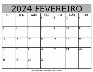 Fevereiro De 2024 Calendario Imprimível