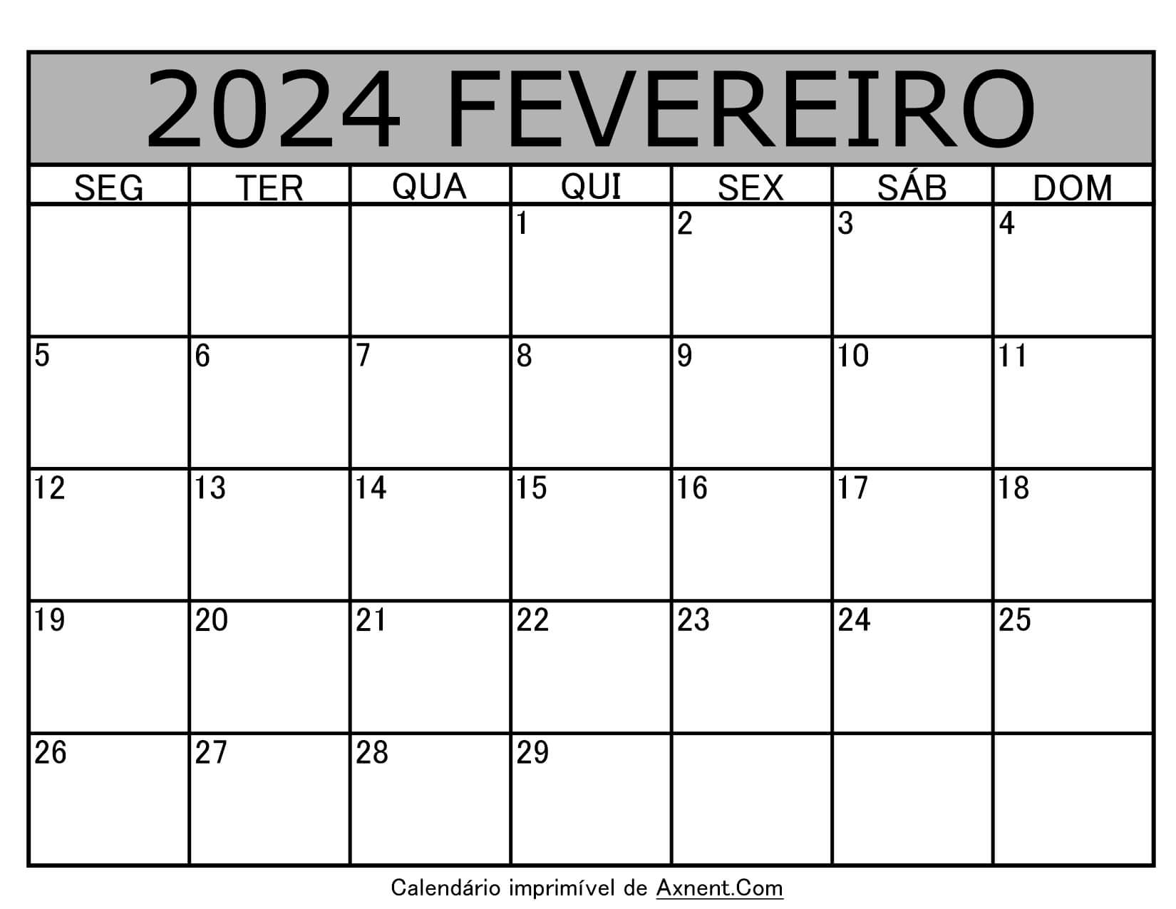 Fevereiro De 2024 Calendario Imprimível