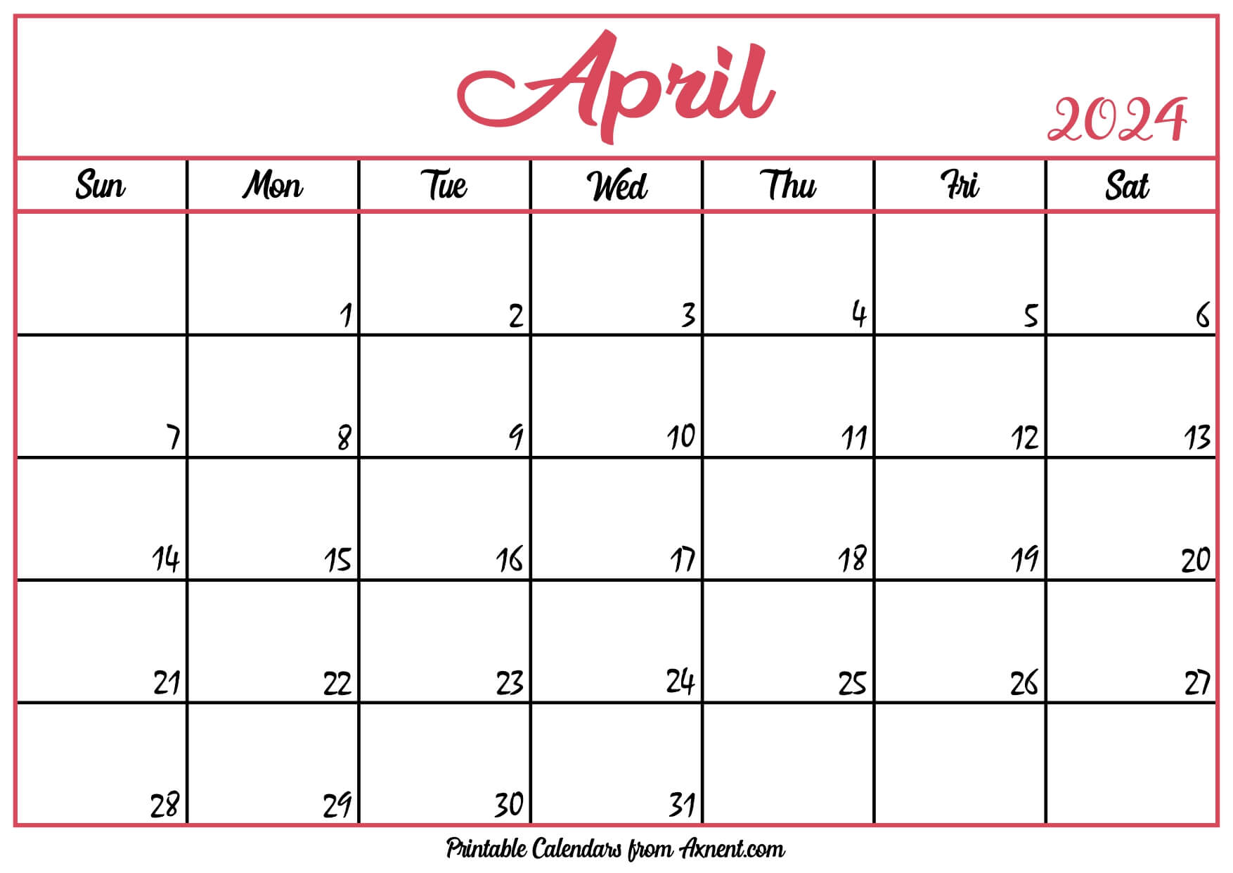 Free April Calendar 2024
