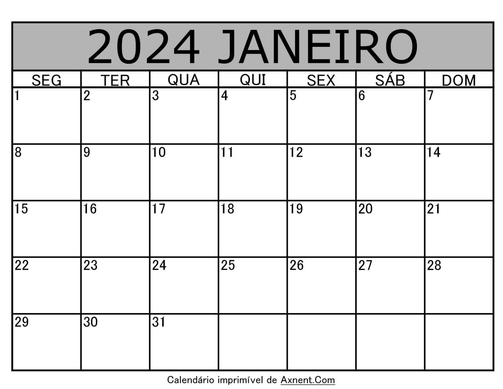 Janeiro De 2024 Calendario Imprimível