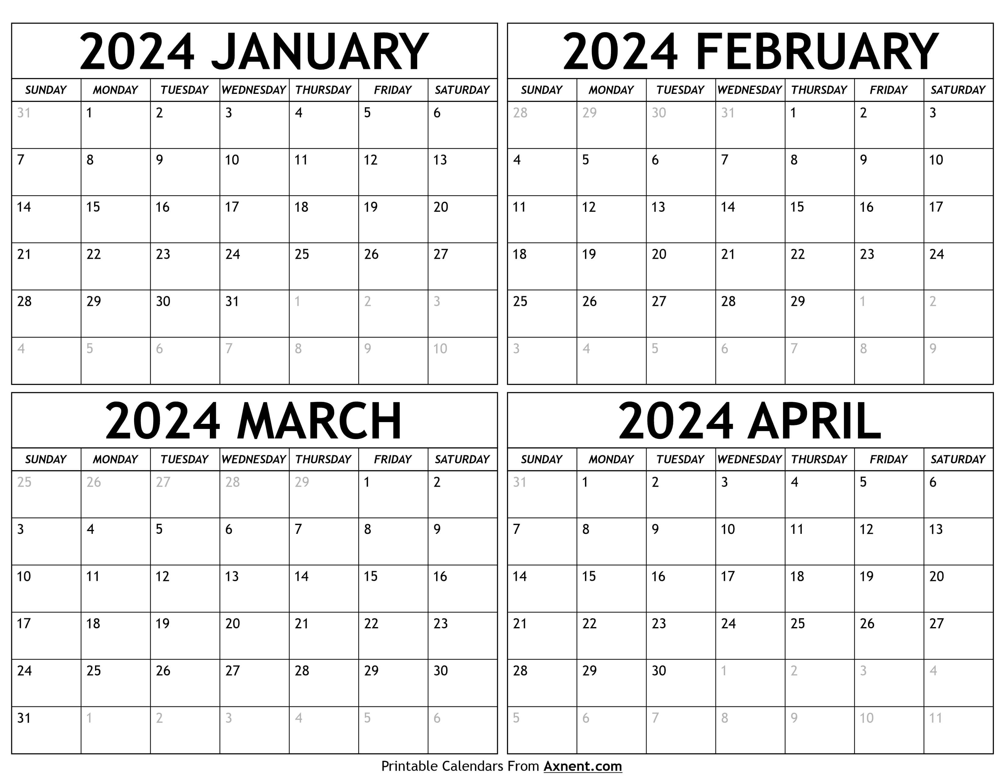 January to April 2024 Calendar