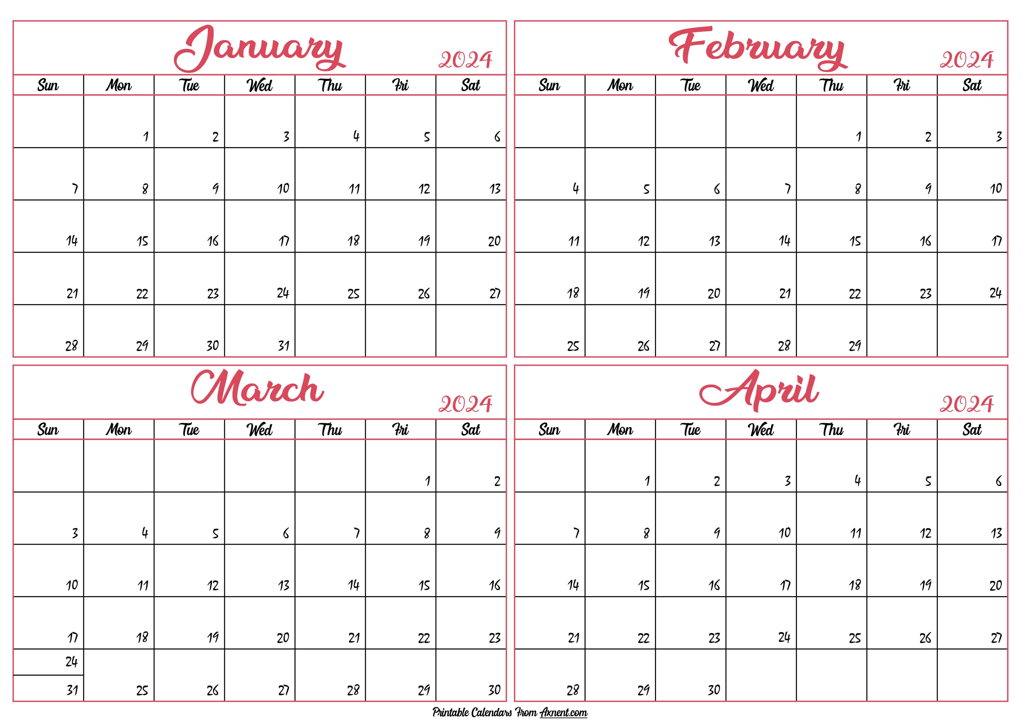 January to April Calendar 2024