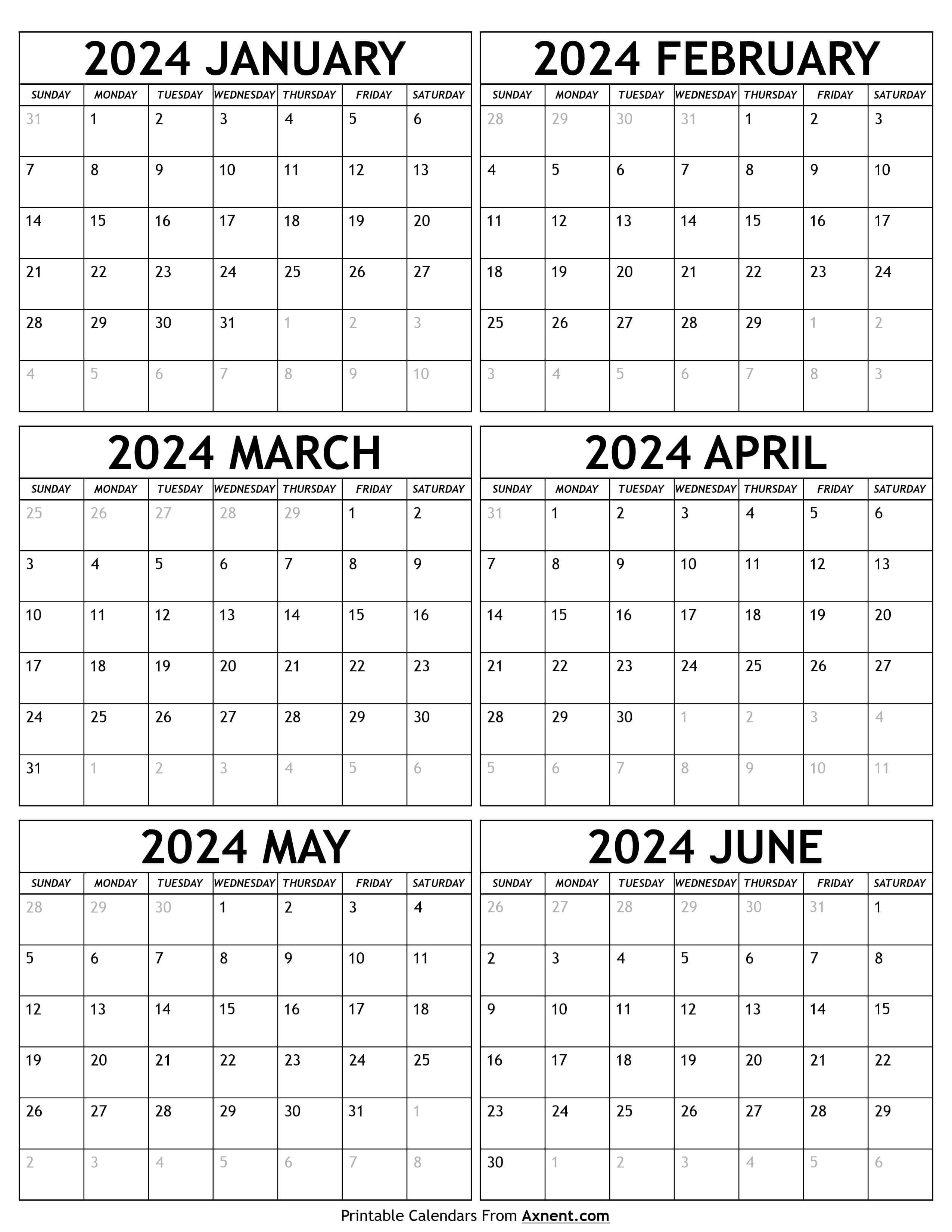 January to June 2024 Calendar