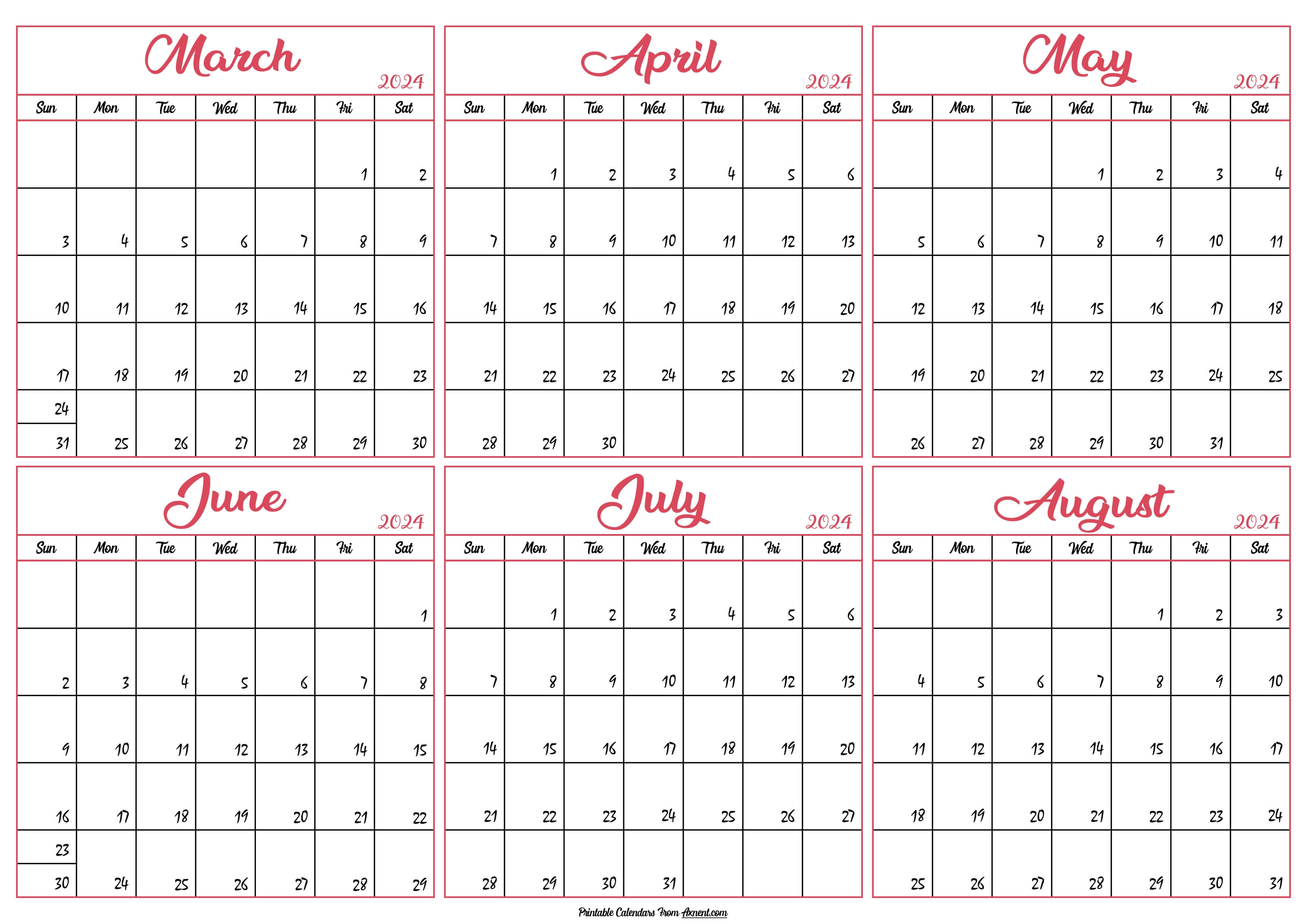 March to August Calendar 2024