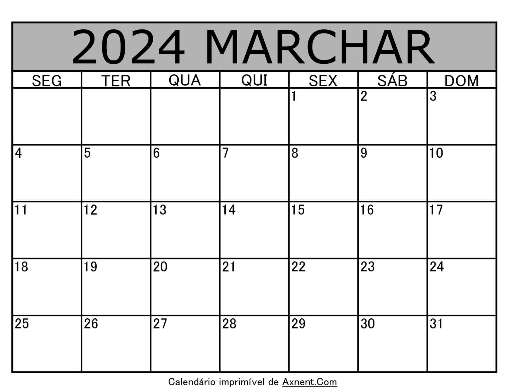 Calendário imprimível de março de 2024