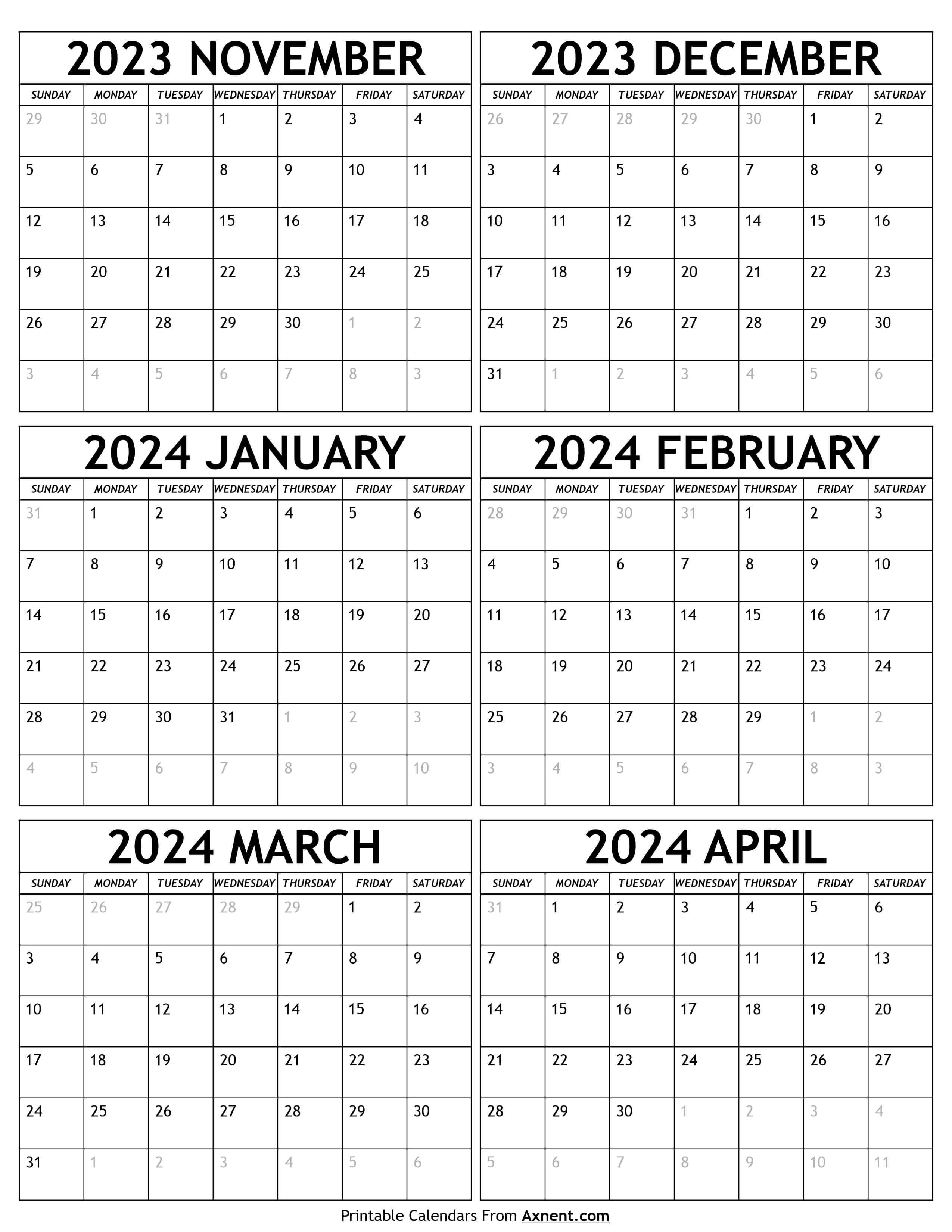 November 2023 to April 2024 Calendar