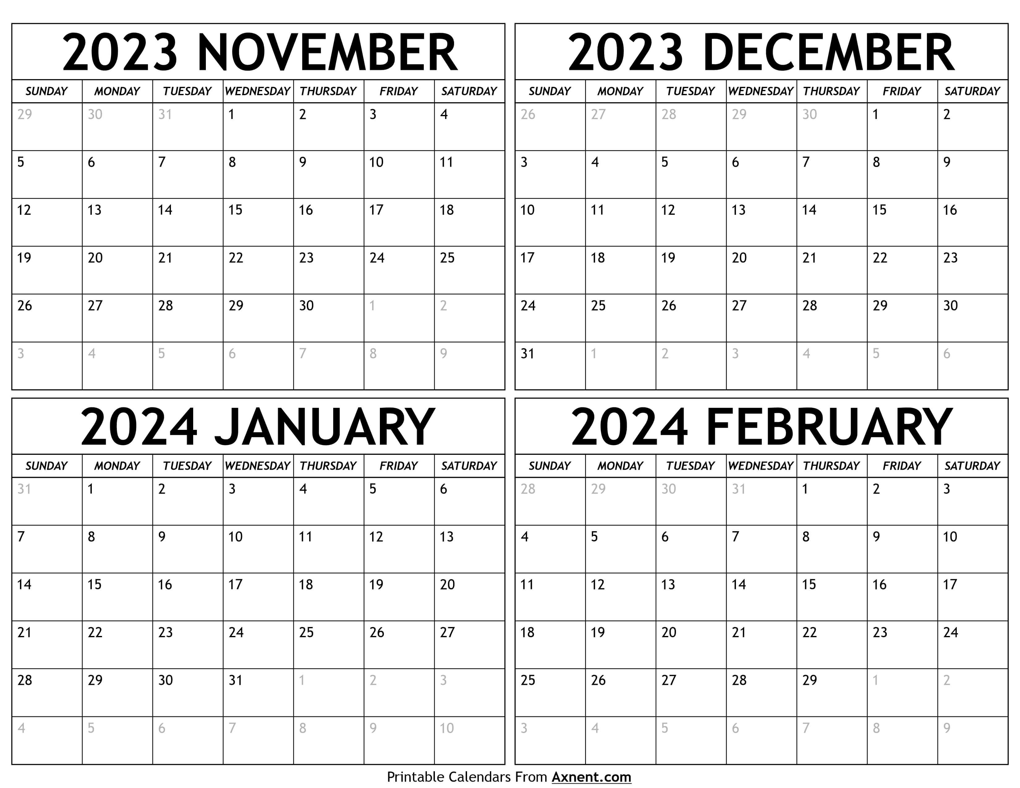 November 2023 to February 2024 Calendar