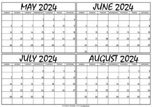 Calendar May to August 2024