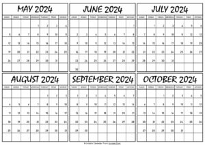 Calendar May to October 2024