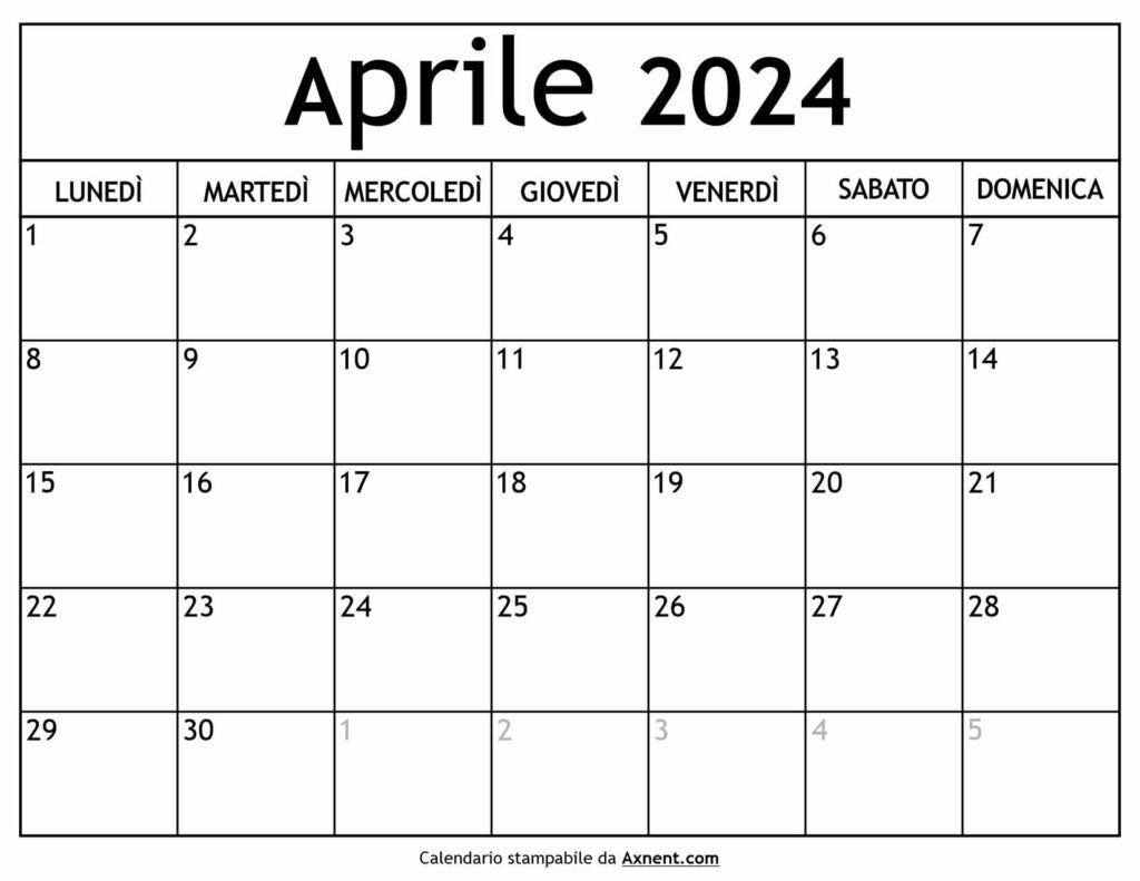 Calendario Aprile 2024