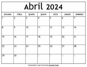 Calendário De Abril De 2024