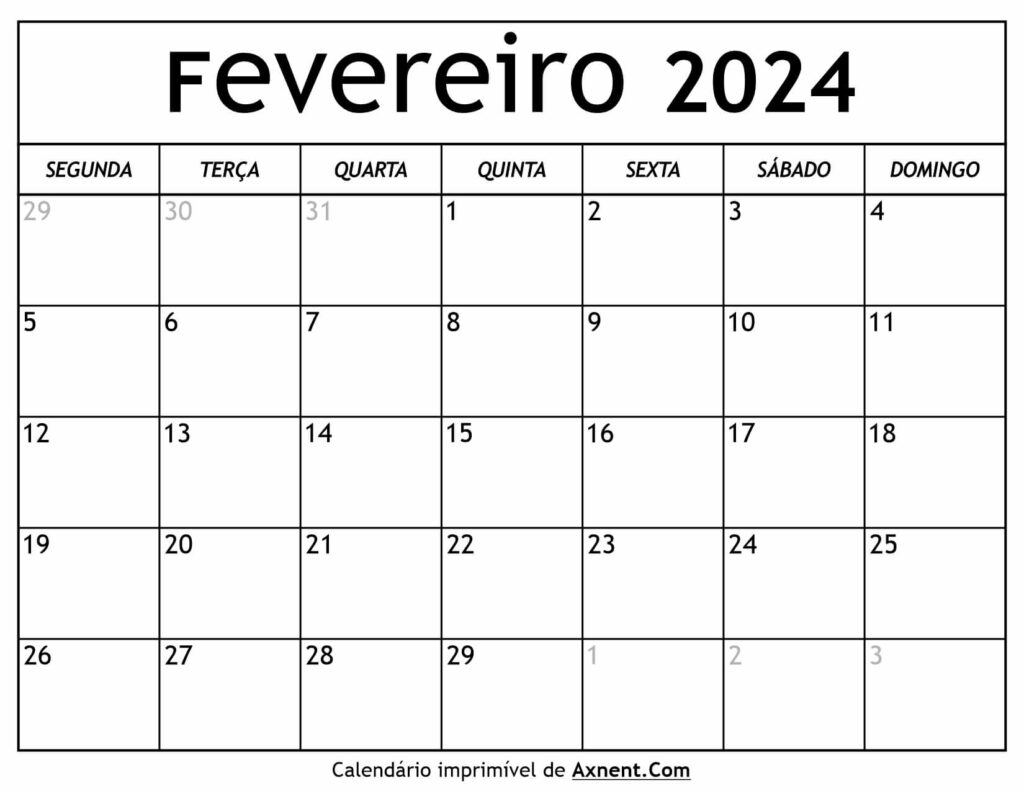 Calendário De Fevereiro De 2024