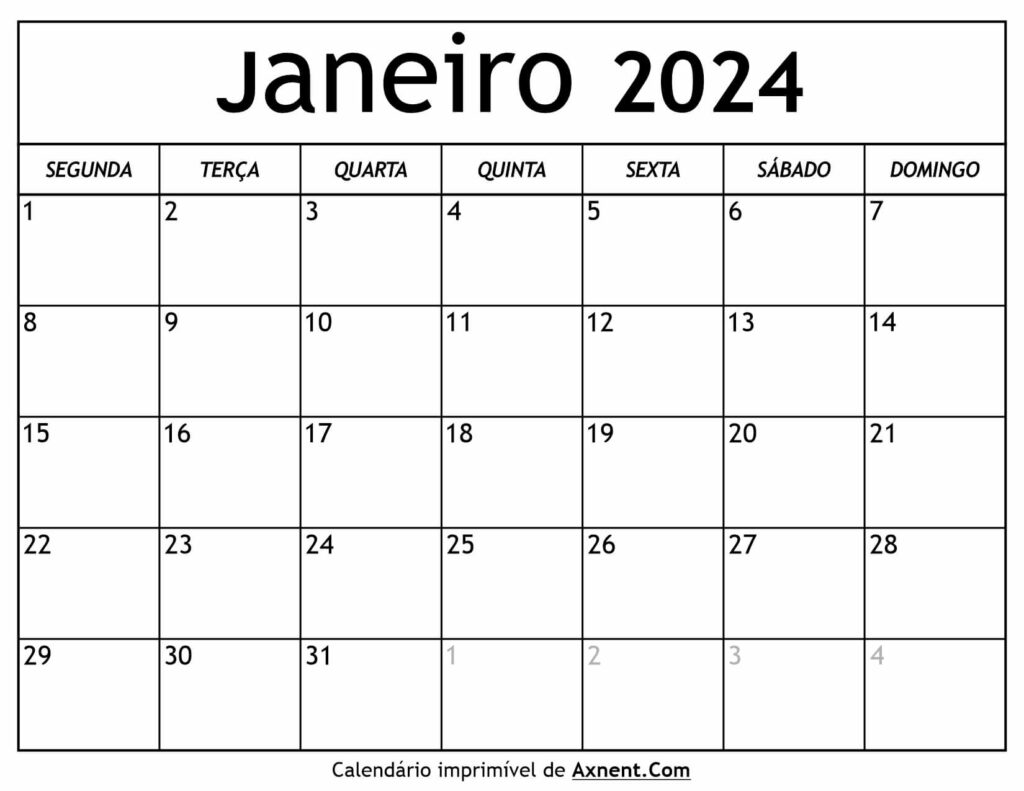 Calendário De Janeiro De 2024